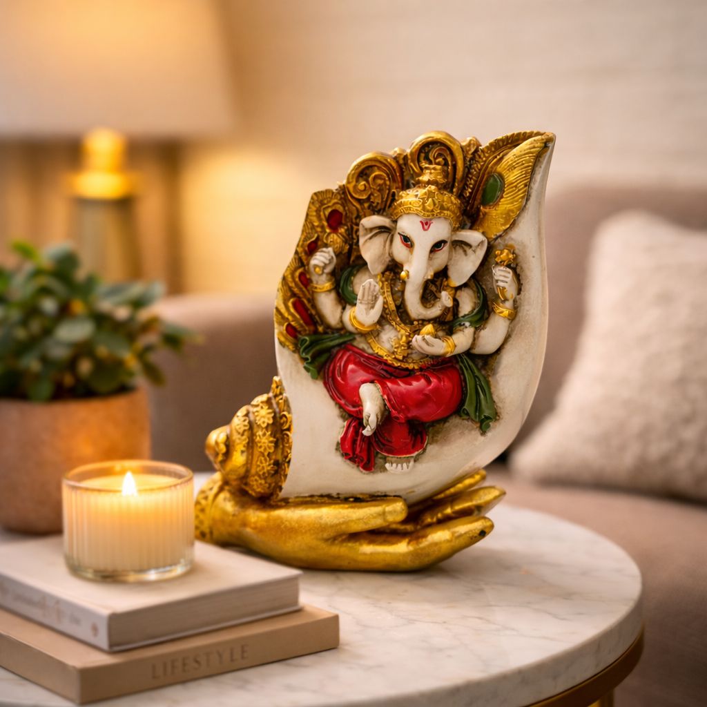 Indraj Premium Craft Handcrafted Lord Ganesha Idol on Shankh with Golden Hand Base - Decorative Spiritual Showpiece for Home, Office & Gifts (White & Gold, 22 cm)