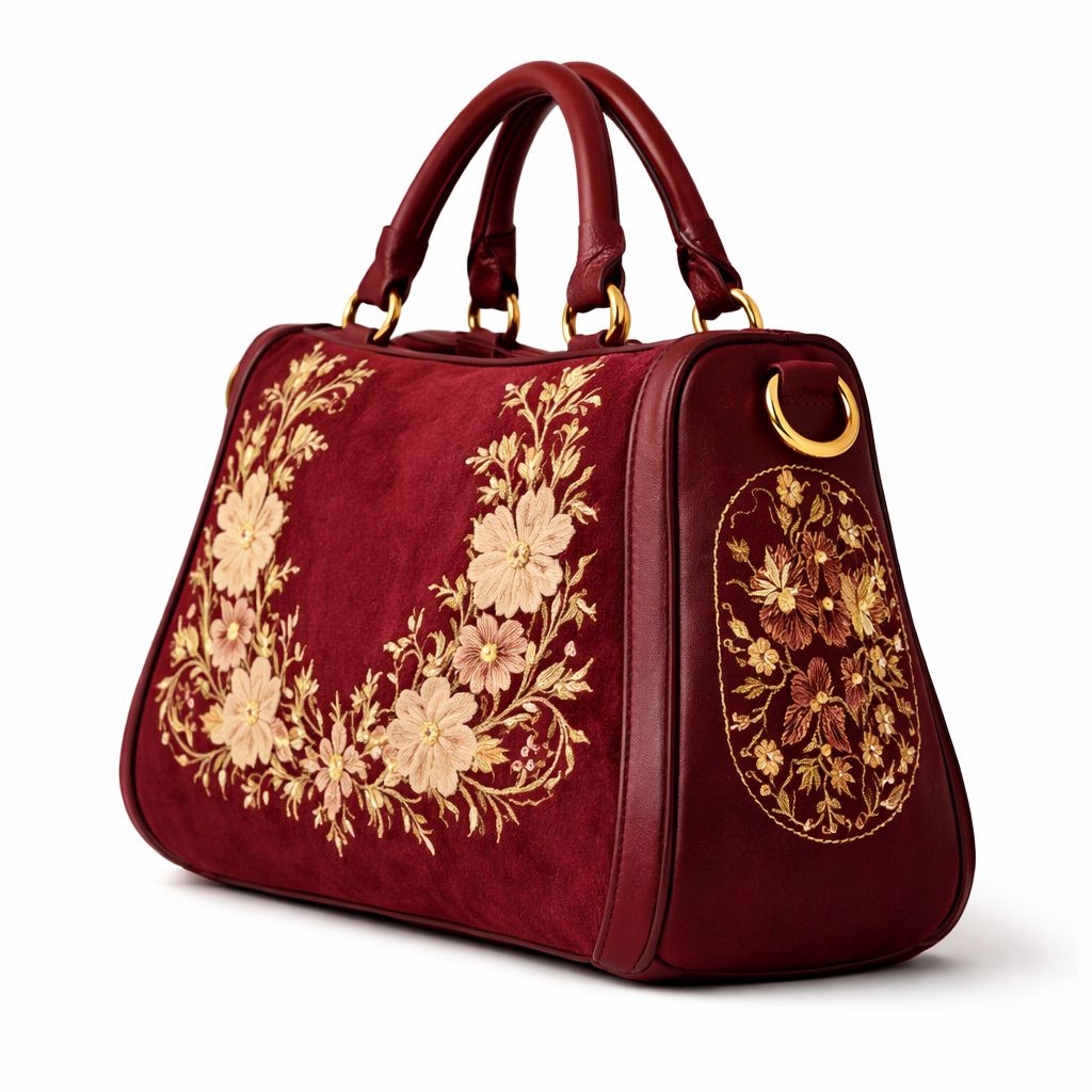 Maroon Embroidered Floral Handbag with Golden Hardware
