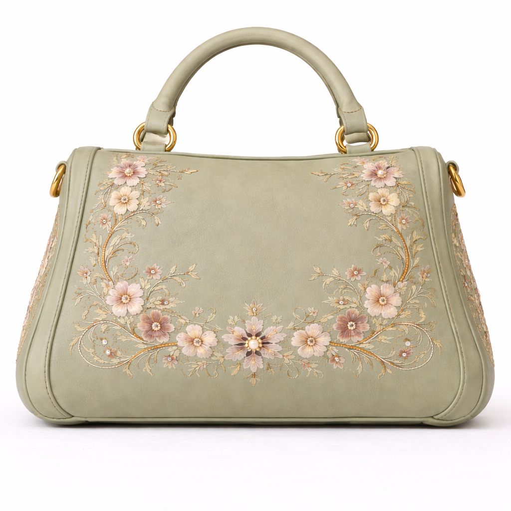 Sage Green Floral Embroidered Satchel Handbag