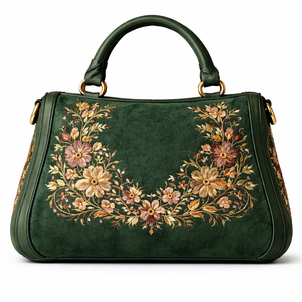 Forest Green Embroidered Floral Handbag