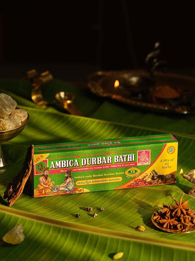 Ambica Durbar Bathi | Made with 63 Sacred Herbs | 220 g, Hand Rolled, Long Lasting | Homam in a Stick | 100% Organic Incense Sticks for Pooja, Meditation | Made in India | Pack of 2