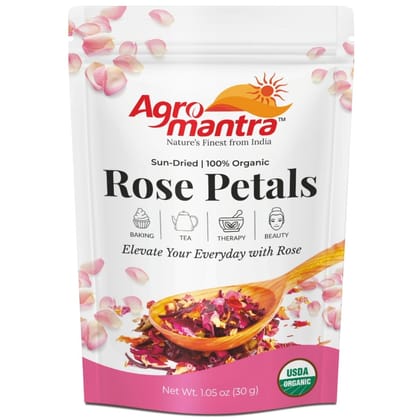 Agro Mantra Organic Dried Rose Petals, Edible Rose Petals for Tea, 100% Sun Dried Edible Flowers for Baking, Bath & Skincare - Vegan, Non-GMO - 30g