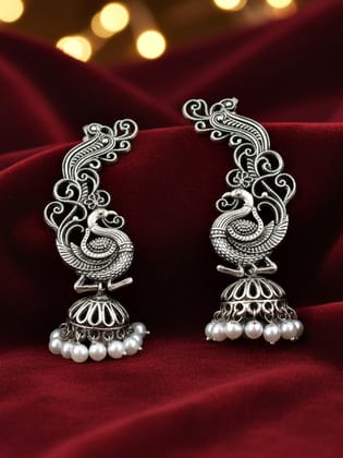 LUCKY JEWELLERY Oxidised Peacock Design Ear Cuff with Pearl Drop for Women (159-KK2O-8158) LUCKY JEWELLERY Oxidised Peacock Design Ear Cuff with Pearl Drop for Women (159-KK2O-8158)