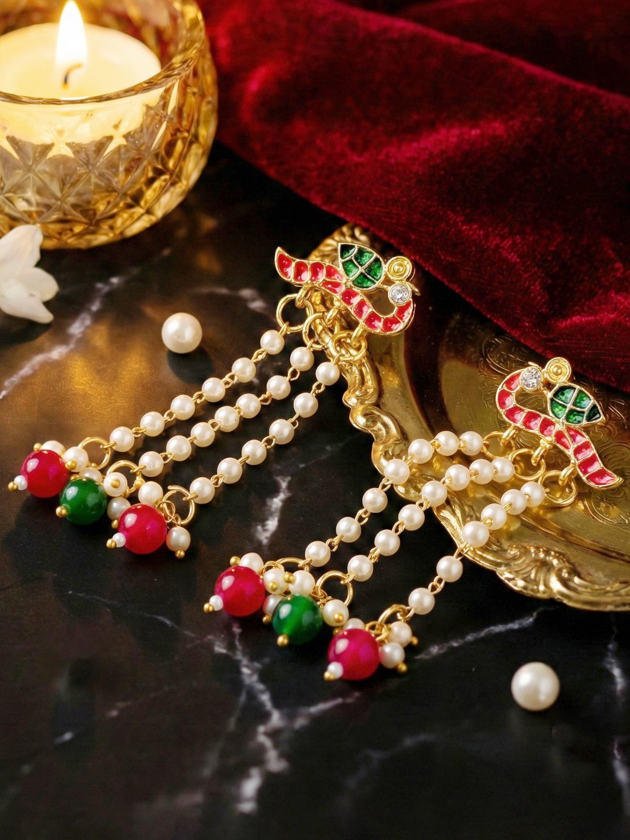 LUCKY JEWELLERY Gold Plated Enamel Bird Design Earrings with Moti & Magenta Green (225-KEG-9881-RG)
