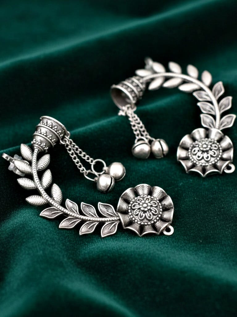 LUCKY JEWELLERY Oxidised  Leaf Floral Ear Cuff with  Chain Drop for Women (258-KK2O-10668)