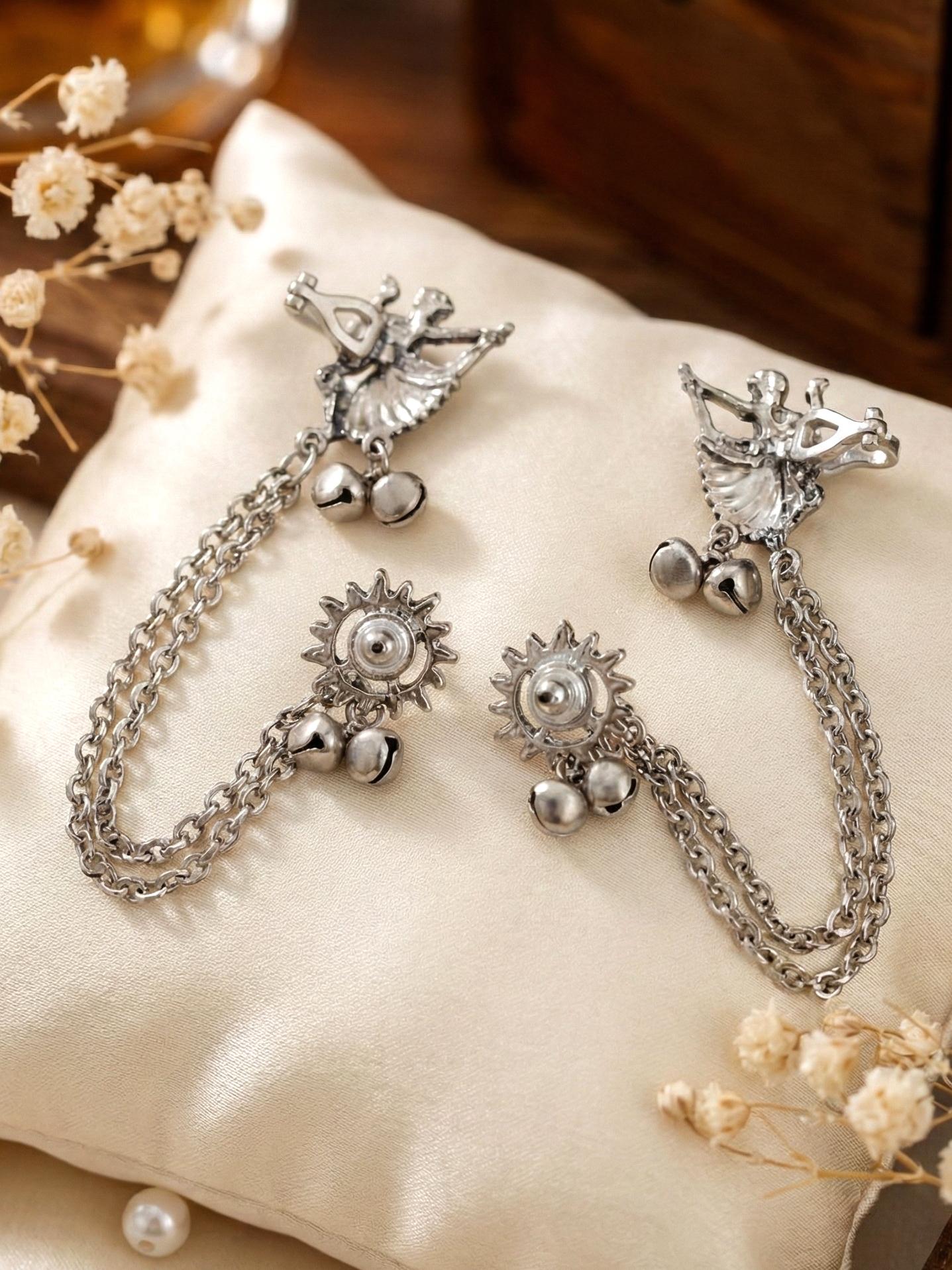LUCKY JEWELLERY Oxidised  Tribal Dancer Ear Cuff with  Chain Earrings for Women (258-KK2O-10672)