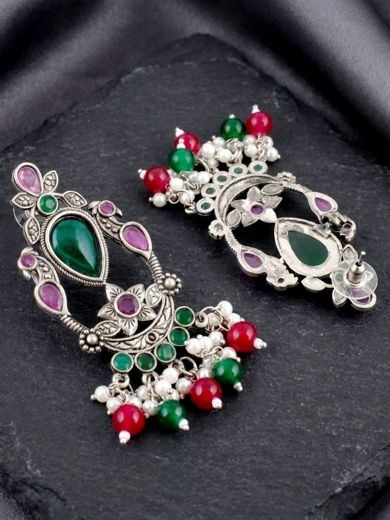 LUCKY JEWELLERY Oxidised  Green Stone Chandelier Earrings with Magenta & Green  (476-KEO-16219-RG)