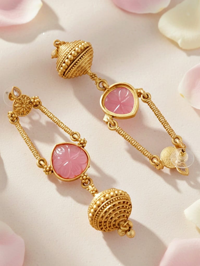 LUCKY JEWELLERY Trendy Oxidised Gold Pink Stone Earrings for Girls & Women (370-KEG-13541-PK)