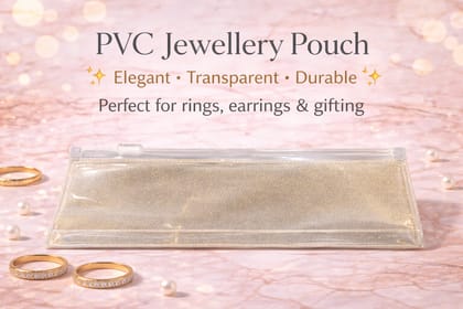 PVC Golden Jari Packaging pouch for jewellery Stationary and Cosmetics, Combo of 25, Size 3.5x9 inch, With Golden Jari design on one side, Multipurpose Storage Pouch, Zip lock to secure stuff, Medium size pouch for Earing, Jewellery and other Stuff