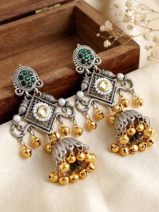 LUCKY JEWELLERY Traditional Dual-Tone Oxidized   Earrings with Green Stone (542-KEO-17914-G)