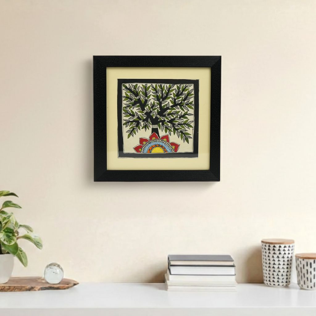 Wall Décor for Home & Office | Hand‑Painted Madhubani Tree of Life, 28×28 cm Frame with Glass | Jaya Artisan Store