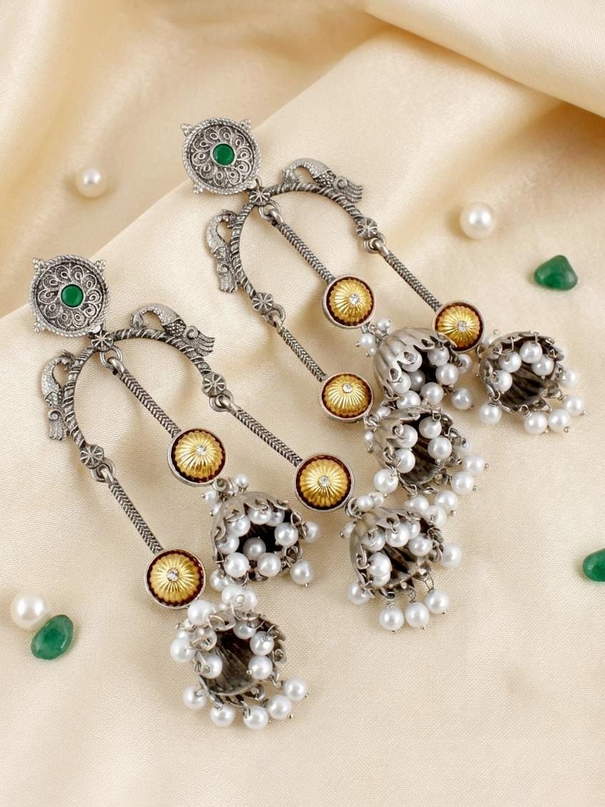 LUCKY JEWELLERY Oxidised  & Gold Kashmiri  Earrings with Ruby & Green Beads (654-KEO-20825-G-SG)