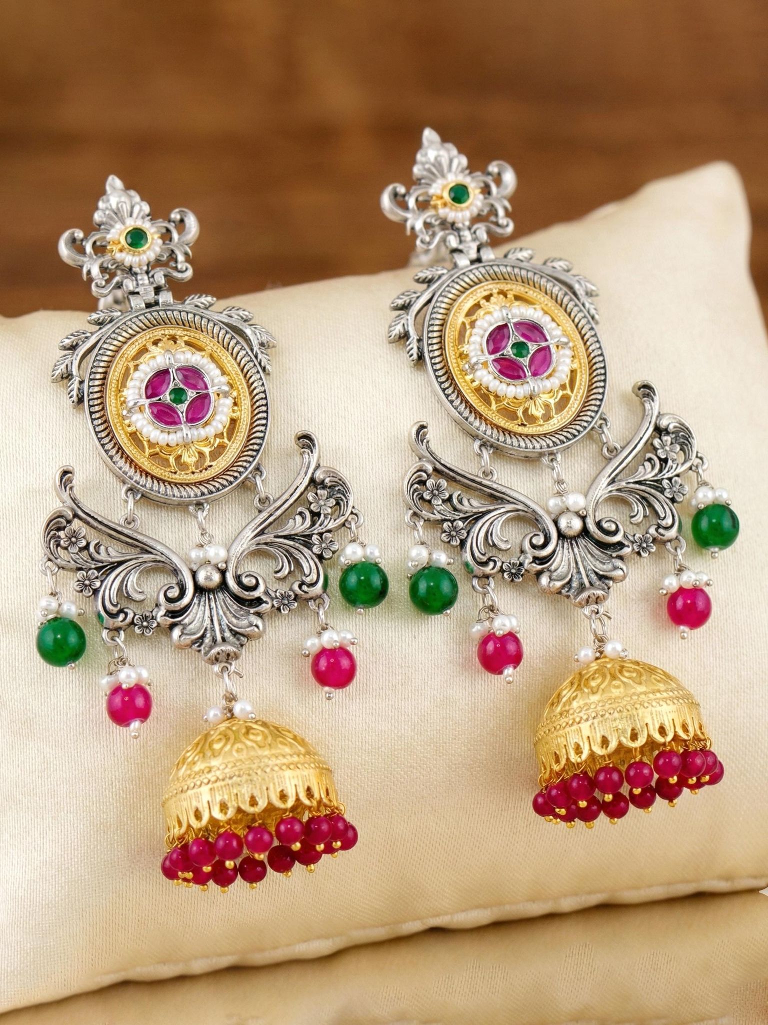 LUCKY JEWELLERY Oxidised  & Gold Kashmiri  Earrings with Ruby & Green Beads (806-KEO-24701-RG-SG)