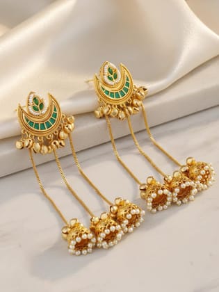 LUCKY JEWELLERY Gold-Plated Kashmiri Chandbali Earrings with Green Stone & Triple (819-KJG-25016-G) LUCKY JEWELLERY Gold-Plated Kashmiri Chandbali Earrings with Green Stone & Triple (819-KJG-25016-G)
