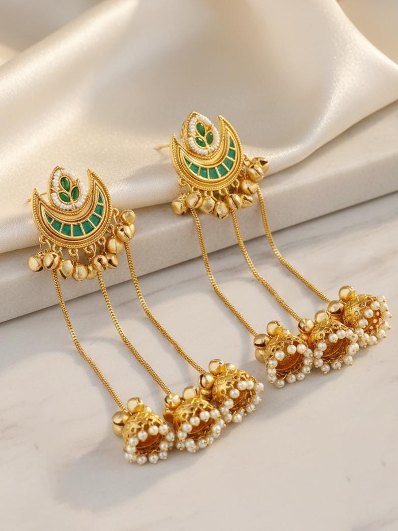 LUCKY JEWELLERY Gold-Plated Kashmiri Chandbali Earrings with Green Stone & Triple (819-KJG-25016-G)