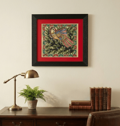 Wall Décor for Home & Office | Hand‑Painted Madhubani Peacock, 28×28 cm Frame with Glass | Jaya Artisan Store