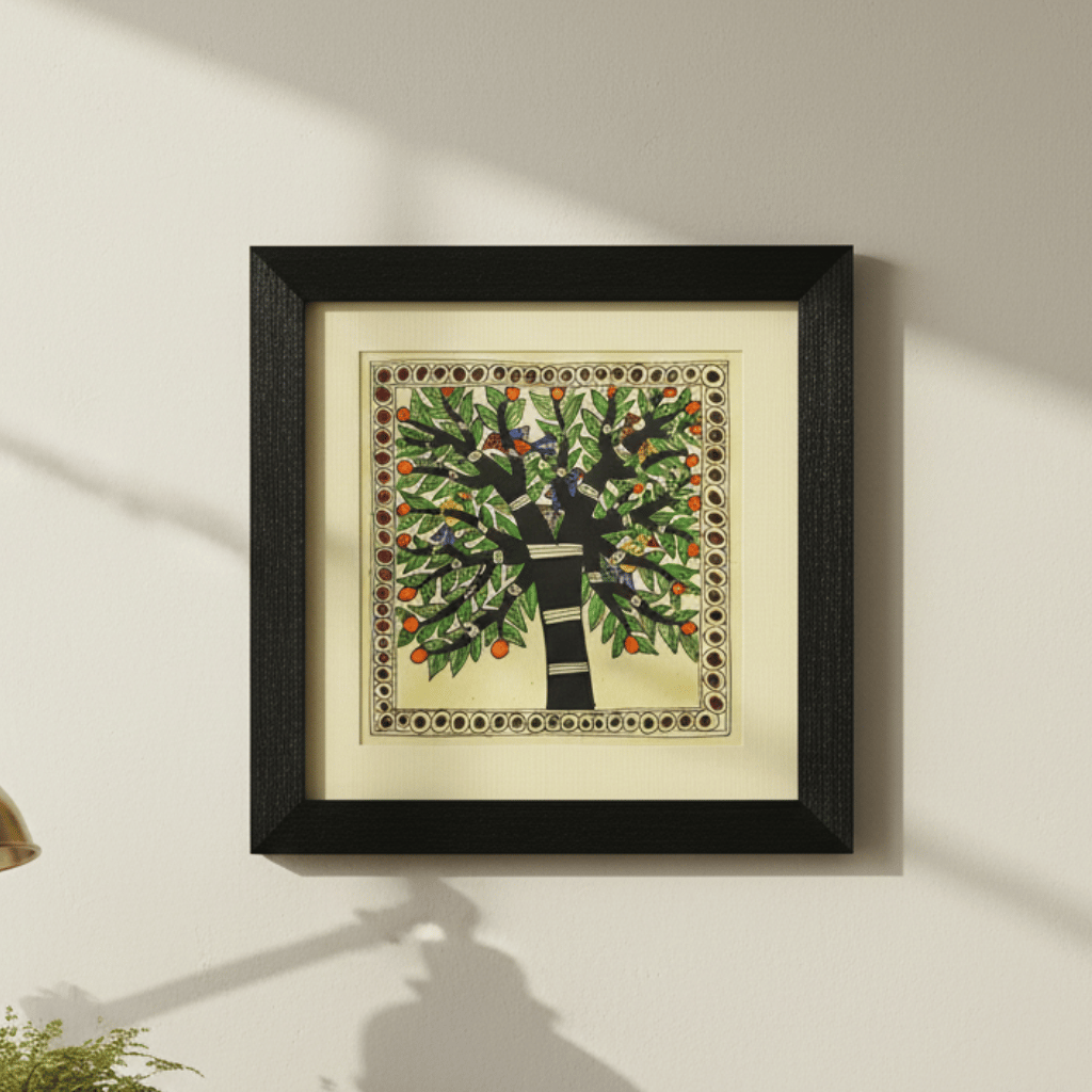 Wall Décor for Home & Office | Hand‑Painted Madhubani Tree of Life with Birds, 28×28 cm Frame with Glass | Jaya Artisan Store