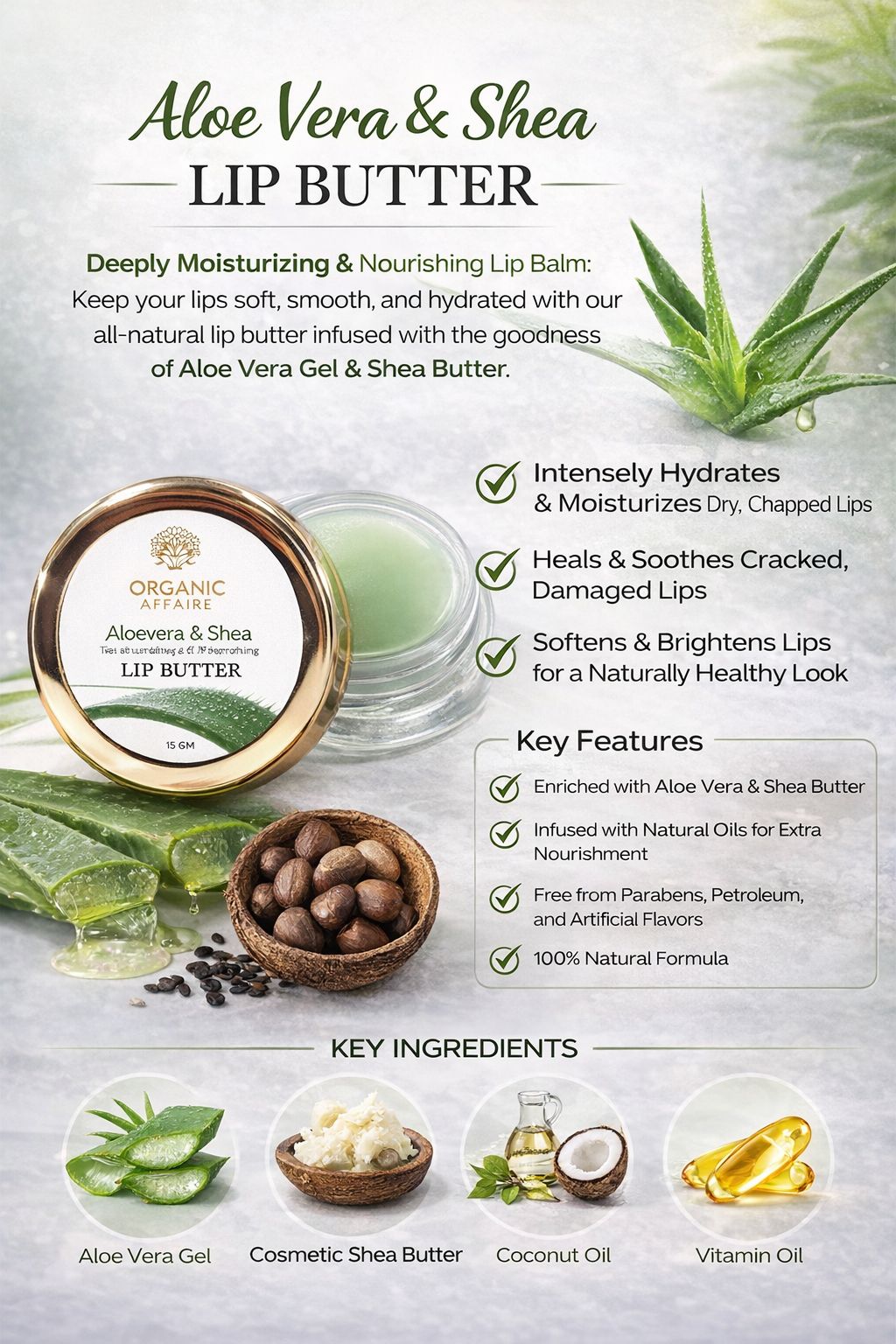 Vegan Aloe Vera Lip Balm SPF 30 (Pack of 1) | Aloe, Shea Butter & Jojoba Oil | Deep Moisturizing & Sun Protection | Vitamin E Enriched Lip Care for Soft, Smooth & Healthy Lips