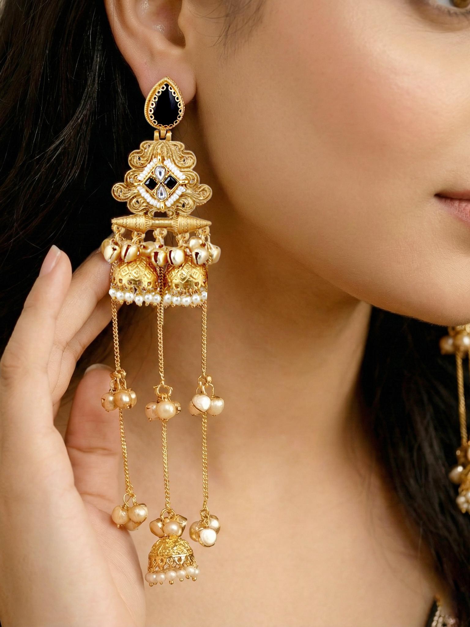 LUCKY JEWELLERY Kashmiri Gold-Plated Earrings with Black Stones & Triple  (938-KEG-28102-BL)
