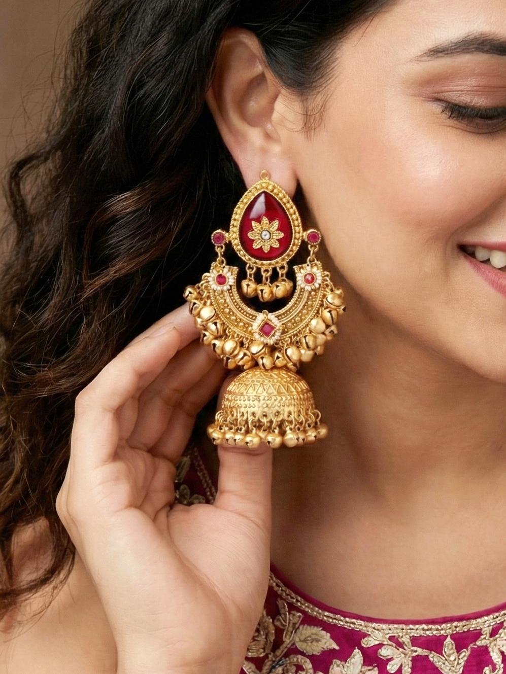 LUCKY JEWELLERY Traditional Kashmiri Gold-Plated  Earrings with Ruby &  (1083-KJG-31804-R)