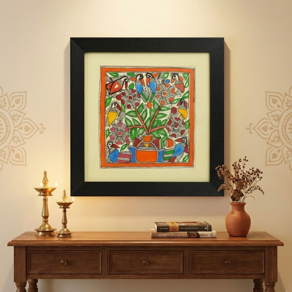 Wall Décor for Home & Office | Hand‑Painted Madhubani Kalash with Birds, 28×28 cm Frame with Glass | Jaya Artisan Store