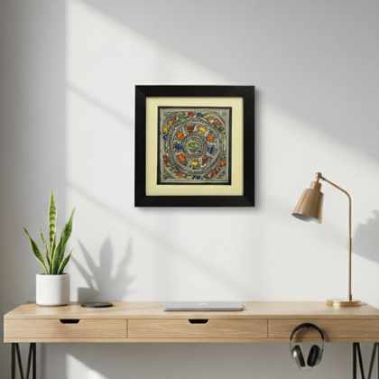 Wall Décor for Home & Office | Hand‑Painted Madhubani Fish Mandala, 28×28 cm Framed | Jaya Artisan Store