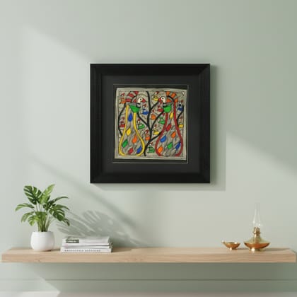 Wall Décor for Home & Office | Hand‑Painted Madhubani Peacock Pair, 28×28 cm Frame with Glass | Jaya Artisan Store