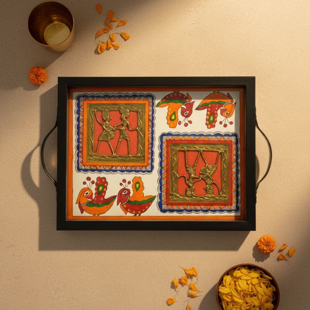 Multipurpose Tray for Serving & Décor | Hand‑Painted Madhubani with Brass Figurines, 9×11 in | Jaya Artisan Store
