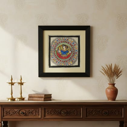 Wall Décor for Home & Office | Hand‑Painted Madhubani Folk Musician Mandala, 28×28 cm Frame with Glass | Jaya Artisan Store