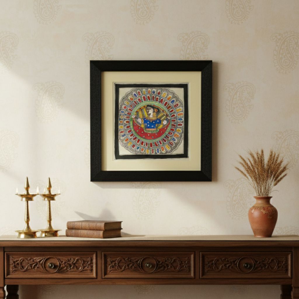 Wall Décor for Home & Office | Hand‑Painted Madhubani Folk Musician Mandala, 28×28 cm Frame with Glass | Jaya Artisan Store