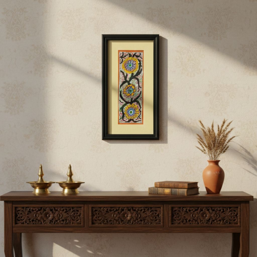 Wall Décor for Home & Office | Hand‑Painted Madhubani Floral Creeper, 26x14 cm Framed | Jaya Artisan Store