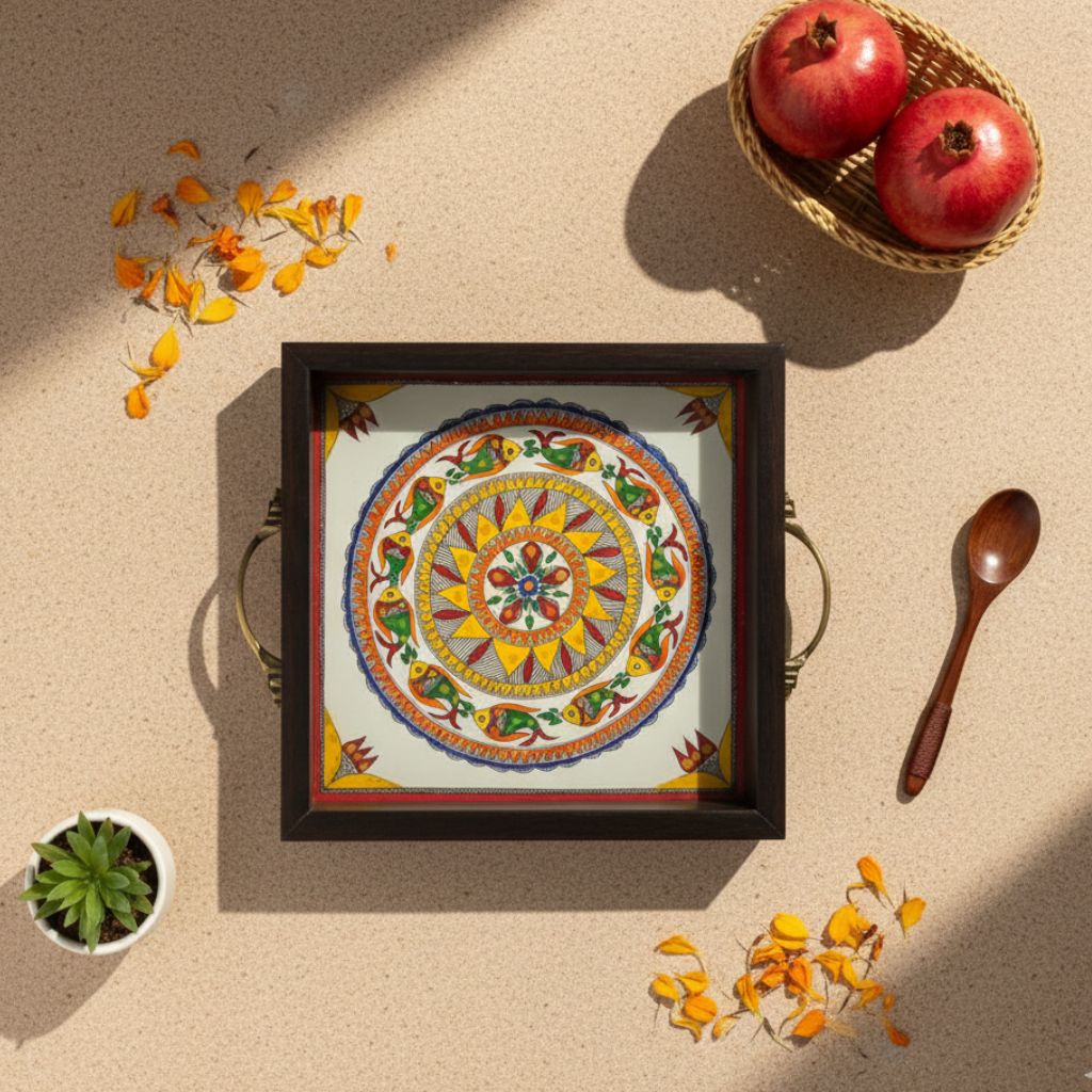 Multipurpose Tray for Serving & Décor | Hand‑Painted Madhubani Fish Mandala in Wood, 8.5x8.5 in | Jaya Artisan Store