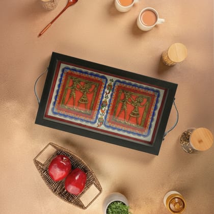 Multipurpose Tray for Serving & Décor | Hand‑Painted Madhubani Nritya with Brass Figurines, 9.5x5.5 in | Jaya Artisan Store