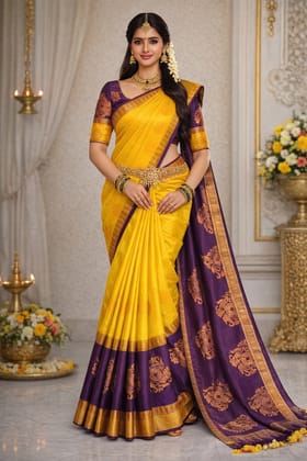 Yellow and Purple Silk Saree with Golden Motifs Yellow and Purple Silk Saree with Golden Motifs