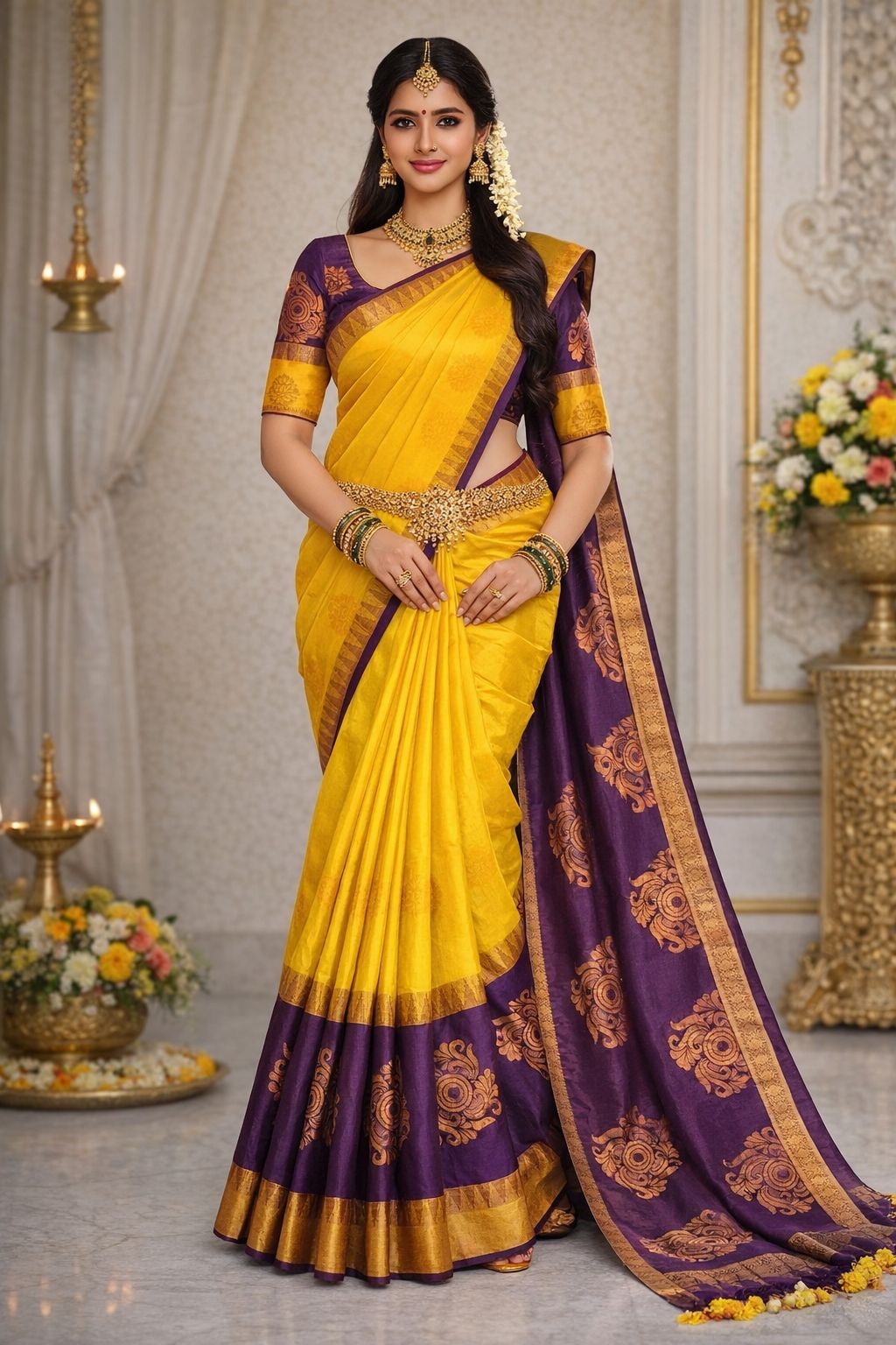 Yellow and Purple Silk Saree with Golden Motifs