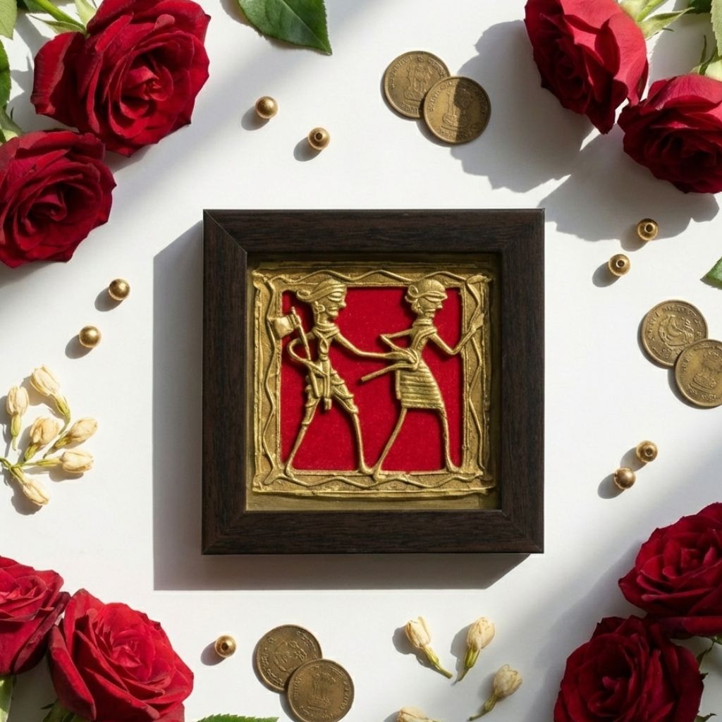 Handcrafted Brass Nritya Motif Wooden Coaster with Madhubani Border | Perfect for Dining, Office & Gifting| 4x4 Inch | Jaya Artisan Store