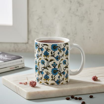 Coffee & Tea Mug - Block‑Printed Ceramic (Blue Floral), 9.5×12 cm | Jaya Artisan Store