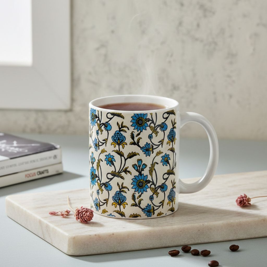 Coffee & Tea Mug - Block‑Printed Ceramic (Blue Floral), 9.5×12 cm | Jaya Artisan Store