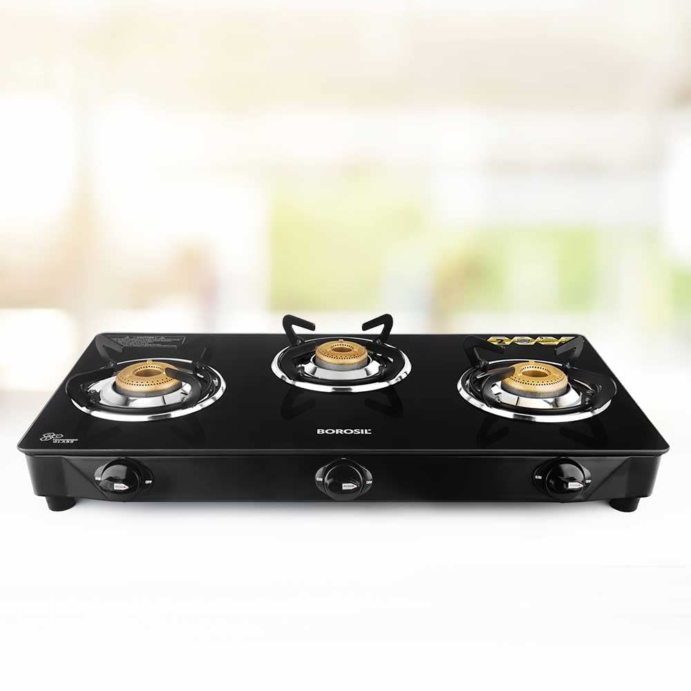 Borosil Magnum Gas Stove (Made in India) | 6 mm Toughened Borosilicate Glass Top | ISI Certified LPG Gas Stove | 360⁰ Revolving nozzle | High Effeciency Burner | 2 Years Warranty (3 Burner)
