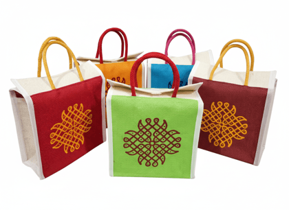 SS Eco-Life Jute Return Gift Bag (Pack of 10) | Traditional Kolam Print Thamboolam Bag for Wedding, Baby Shower, Housewarming & Pooja | 9 x 9 x 5 Inch | Multicolor 