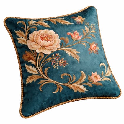 Teal Velvet Floral Embroidered Decorative Cushion Cover