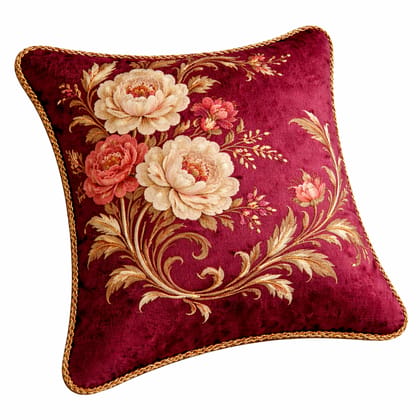 Luxury Maroon Velvet Floral Embroidered Throw Pillow