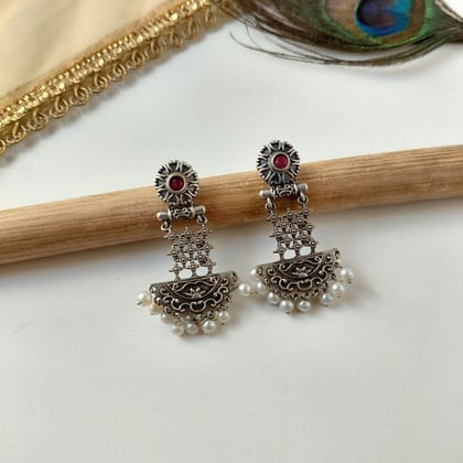 Trendy Silver Look Alike Oxidised Maroon Stone Danger Earrings For Women Ethnic, Casual, & Temple Wear Earrings Under 250