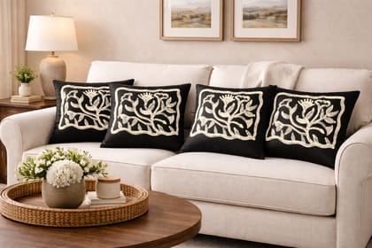 Set of 4 Black Cotton Throw Pillows with White Botanical Pattern Set of 4 Black Cotton Throw Pillows with White Botanical Pattern