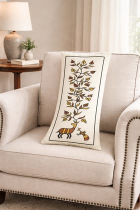Rectangular Beige Cushion with Traditional Deer and Tree Motif Rectangular Beige Cushion with Traditional Deer and Tree Motif