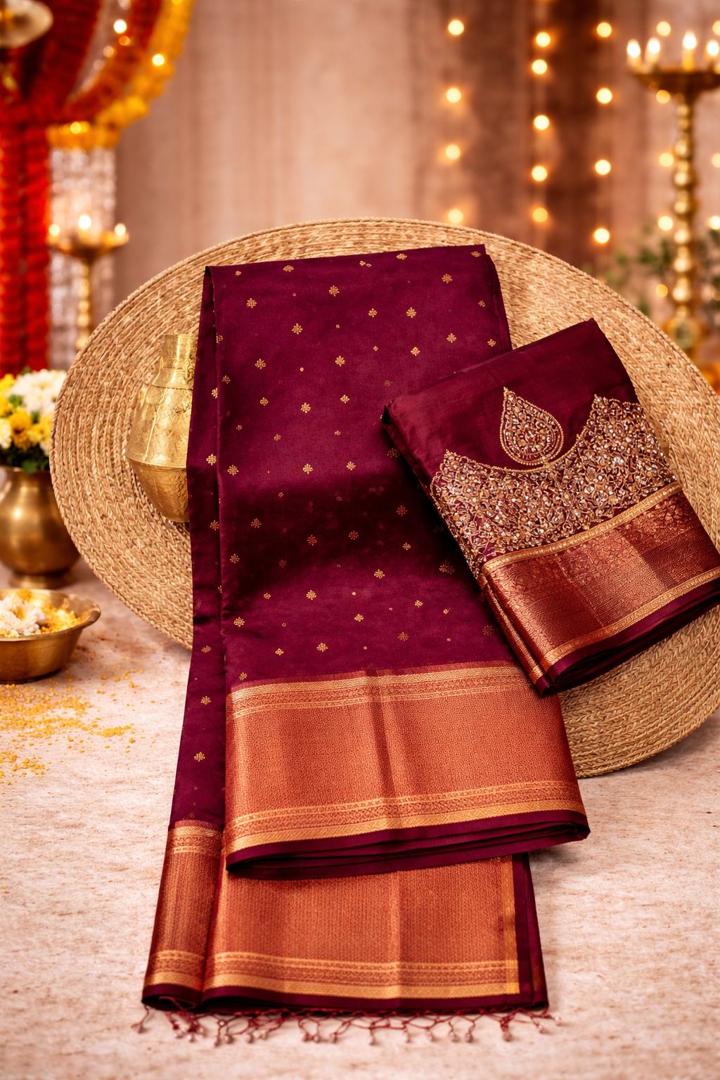 Maroon Silk Saree with Golden Zari Work and Embroidered Blouse Piece