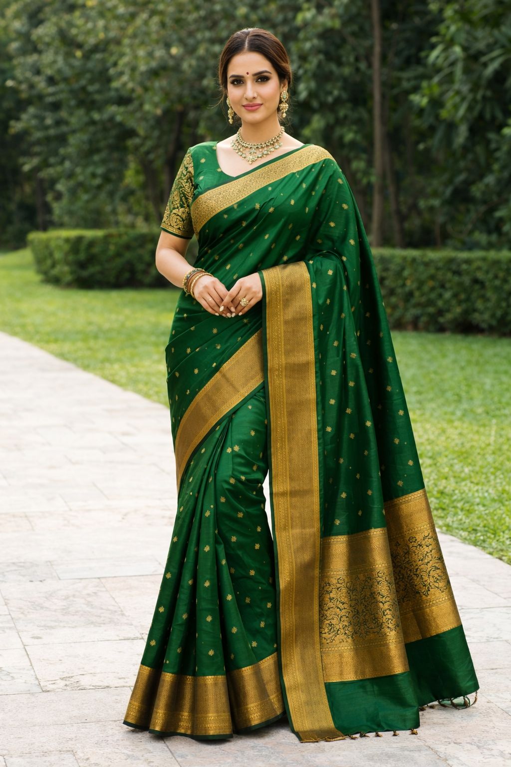 Green Silk Saree with Gold Border and Embroidered Blouse
