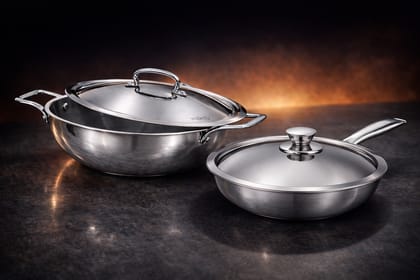 WEKTU Tri-Ply Stainless Steel Cookware Set (Set of 2: Kadhai and Frypan with Lids) WEKTU Tri-Ply Stainless Steel Cookware Set (Set of 2: Kadhai and Frypan with Lids)