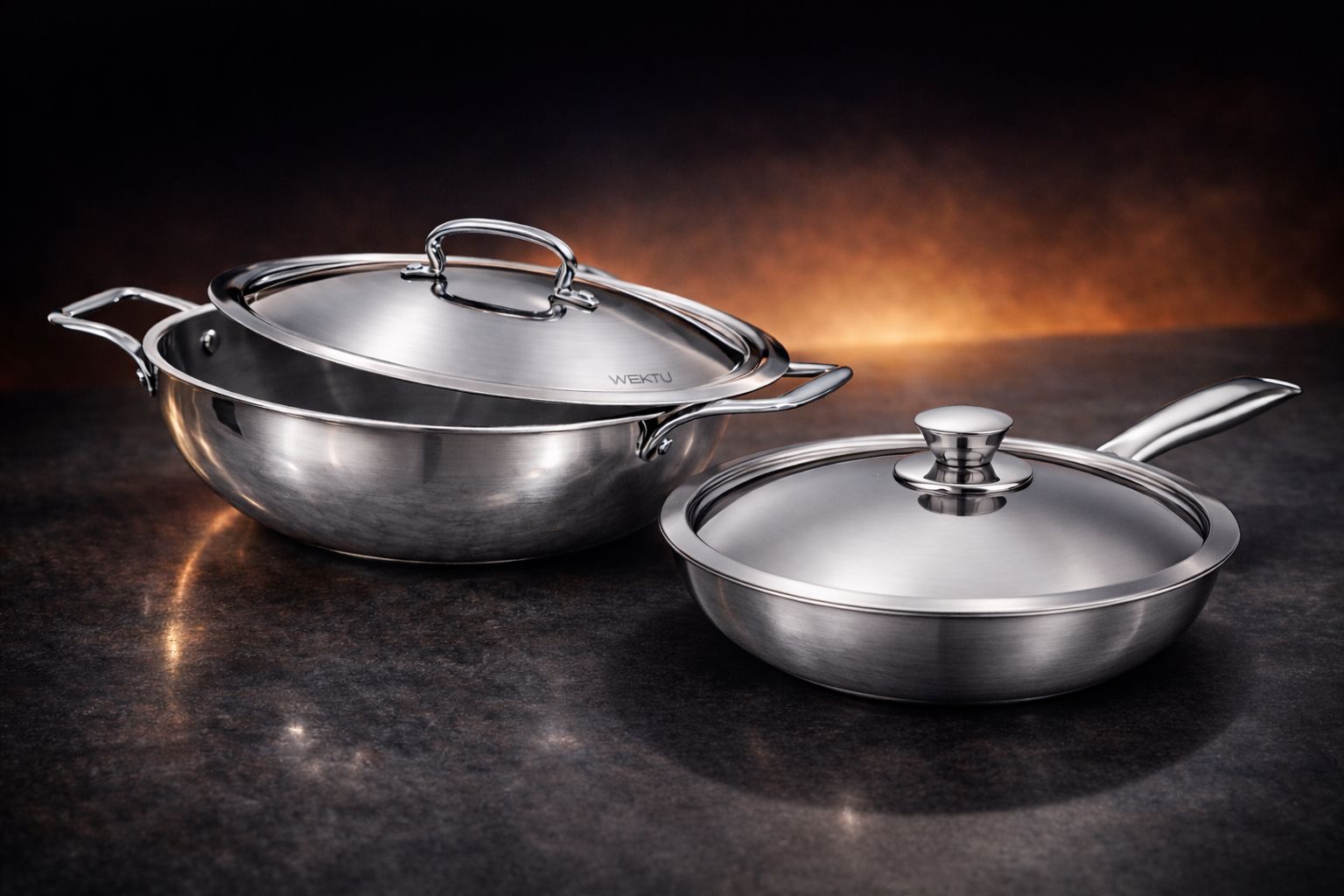WEKTU Tri-Ply Stainless Steel Cookware Set (Set of 2: Kadhai and Frypan with Lids)