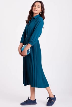 flowervelly Women Pleated Dark Blue Midi/Calf Length Dress flowervelly Women Pleated Dark Blue Midi/Calf Length Dress